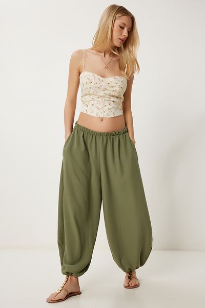 Lovelyİstanbul Summer Comfortable Woven Baggy Trousers Khaki Lub0115