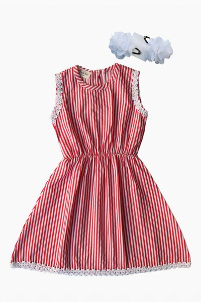 Parla Kids 0012 - Σετ φόρεμα με κόκκινο και λευκό ριγέ χτενισμένο φόρεμα με λευκή αγκράφα
