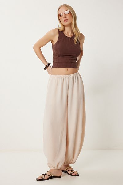 Lovelyİstanbul Summer Comfortable Woven Baggy Trousers Cream Lub0115