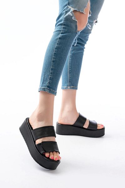 No8 Home 861-1034 Black Snap Fastener Wedge Heel Women's Slippers