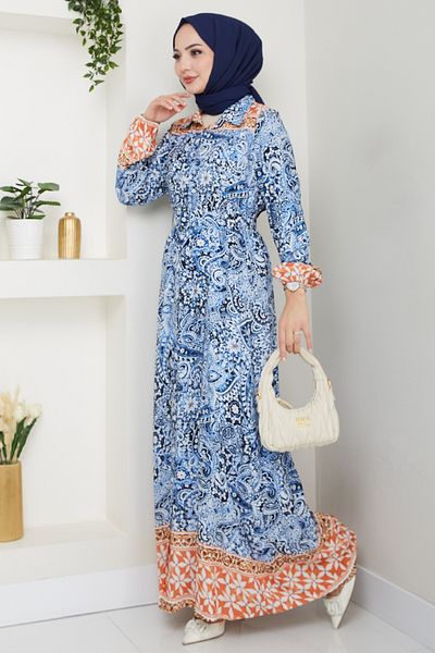 InStyle Rochie din viscoză albastră cu model autentic colorat