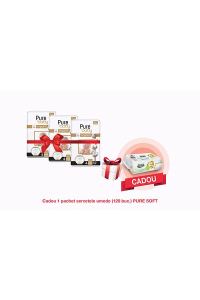 Pure Baby Set De 3 Pachete Nr. 4, 156 Scutece, Cu 1 Pachet De Șervețele Umede, 120 Buc.