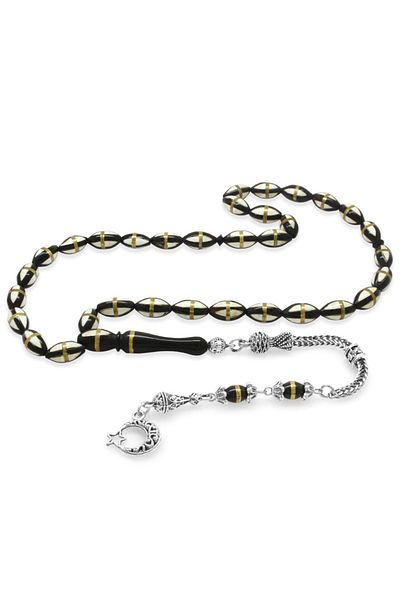Tesbihane Non-Tarnish Metal Tasseled Brass Spiral Barley Cut Silver Name Written White Enamel Filled Skittle Prayer Beads