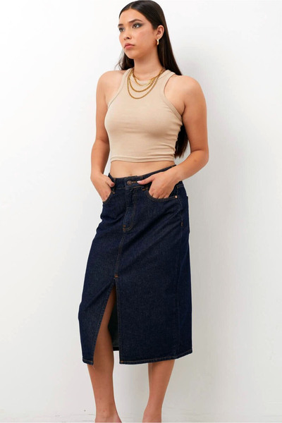 Genel Markalar Straight Düz Kesim Önü Yırtmaçlı Diz Altı Midi Boy Cepli Düğme...