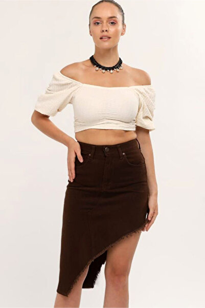 Genel Markalar Diz Altı Yandan Derin Kısa Yırtmaçlı Etek Ucu Kesik Yüksek Bel...