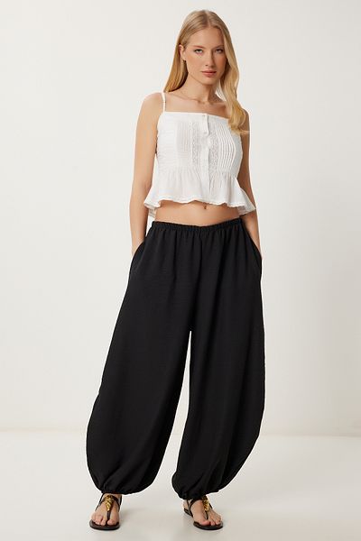 Lovelyİstanbul Summer Comfortable Woven Baggy Trousers Black Lub0115
