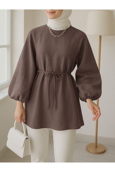 Modamorfo Round Neck Waist Lace up Balloon Sleeve Tunic -Light Brown