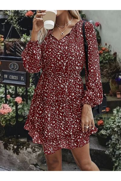 mazıdağı Rochie scurtă din jerseu, cu mâneci lungi, cu decolteu în V, cu șireturi, cu imprimeu floral