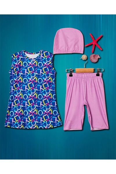 Elayza Geometric Patterned Girls' Swimsuit Set of Three - Capri