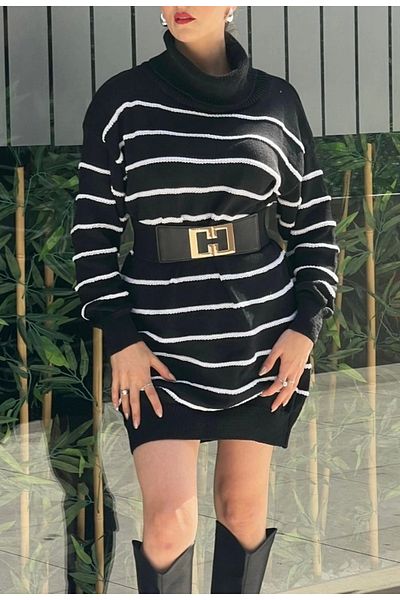Silerra Rochie de damă, cu mânecă lungă, cu decolteu, cu dungi Sonya Yarn, tricotaj lungimi (fără curea)