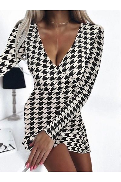 Silerra Women's Long Sleeve Double Breasted Collar Houndstooth Micro Mini Length Dress
