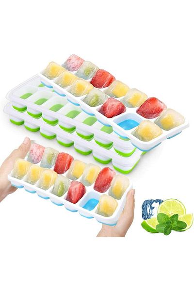 Cleycye Set of 4 Cleycye ice cube trays, silicone, white/green/blue, 25 x 10 cm