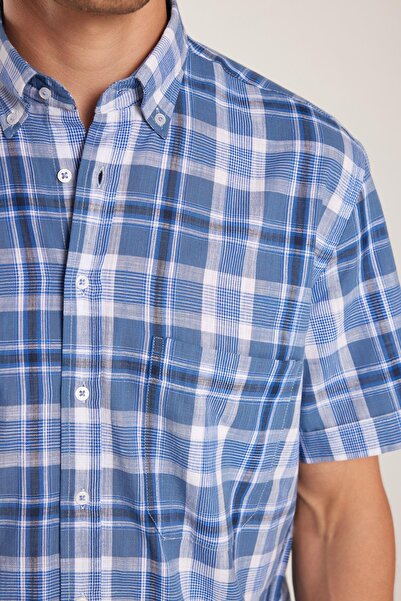 Tudors Men's Regular Fit Classic Cut 100% Cotton Linen Texture Pocket Checked Short Sleeve Buttoned Collar Shirt