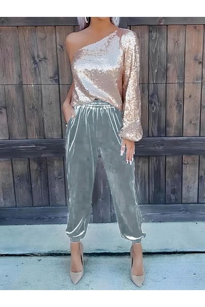 Silerra Pantaloni de damă din catifea cu talie elastică cu talie înaltă