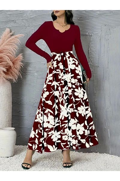 RKFashion Rochie de scafandru cu mânecă lungă, cu rever, cu mânecă lungă, cu talie, cu centură, cu imprimeu floral