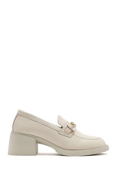 Derimod Women's Cream Buckle Short Thick Heeled Leather Masculine Loafer 25Sfd 510618