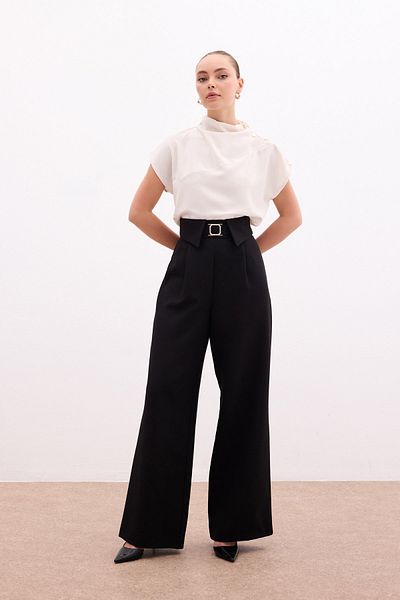 Sateen Pantaloni largi cu detaliu în talie - NEGRI