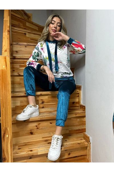 Silerra Set de două piese pentru femei, din țesătură din catifea, cu mânecă lungă, cu glugă, cu imprimeu floral