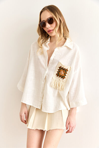 Olalook Kadın Beyaz Cep Detaylı Geniş Kol Yıkamalı Keten İçerikli Gömlek GML-19001353