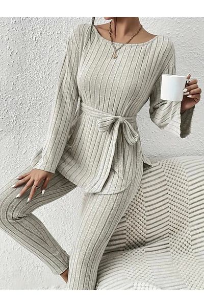 Silerra Women's Long Sleeve One Shoulder Open Waist Belted Raster Camisole Blouse and Leggings Pants
