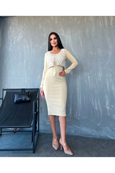 HAZEGO Γυναικείο φόρεμα με λαιμόκοψη και λεπτομέρεια δαντέλας γκιπούρ, ολόσωμο κοστούμι δύο τεμαχίων