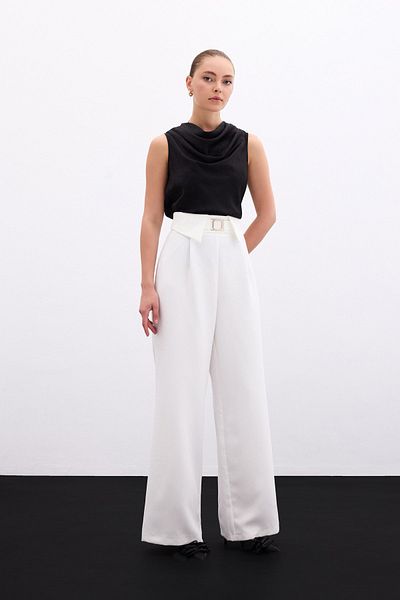 Sateen Wide Leg Trousers with Waist Detail - Ecru