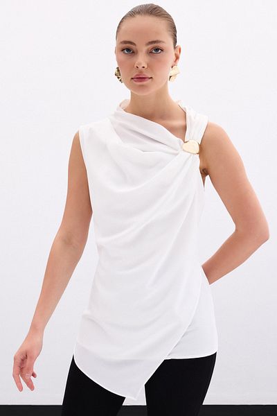 Sateen Ecru One Shoulder Accessory Blouse