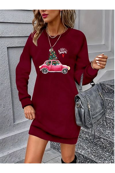 trend henna Rochie de damă cu mânecă lungă, cu decolteu, cu imprimeu din viscoză, cu două fire