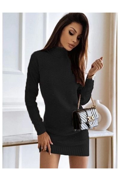 TKLC Rochie de damă cu mânecă lungă, cu gât țesut, tricotaj, mărime mini