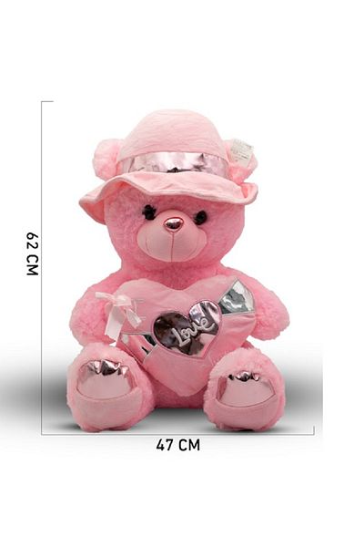 rexa Pink Teddy Bear with Hat – Holding “Love” Heart | 62 x 47 cm Plush Gift Toy