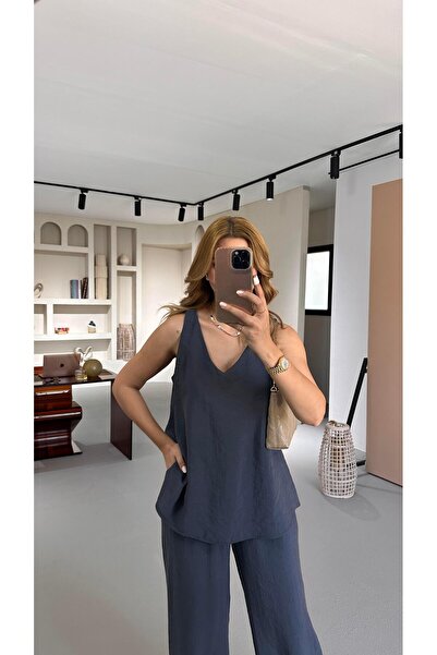 Sezgi Tekin V Yaka Bluz Bol Pantolon Antrasit Modal Takım