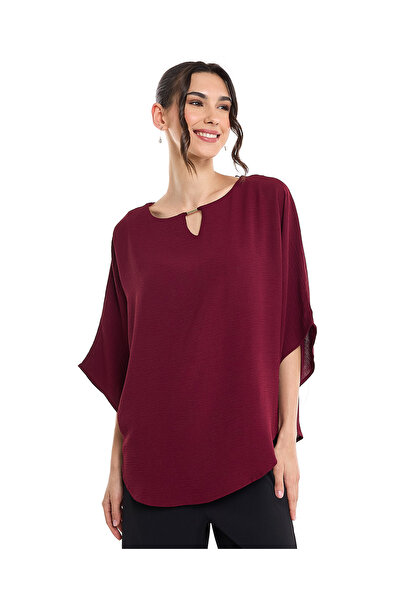 R&B بلوزة سادة بفتحة رقبة على شكل مفتاح وأكمام كيمونو