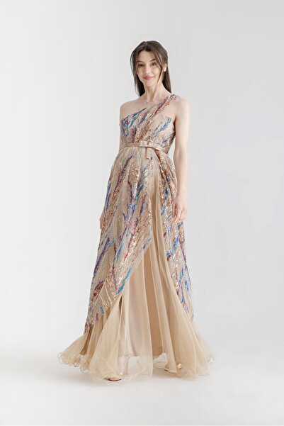 Desen Hamile Giyim Vizon Tül Üzeri Payet İşlemeli Abiye Hamile Elbise