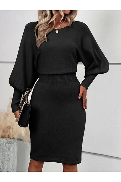 etol textile Rochie scurtă din tricot pentru femei, cu mânecă lungă de liliac, cu guler deschis, cu talie