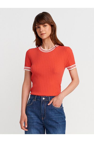Dilvin 10765 Crew Neck Striped Knitwear Blouse-Red-E.
