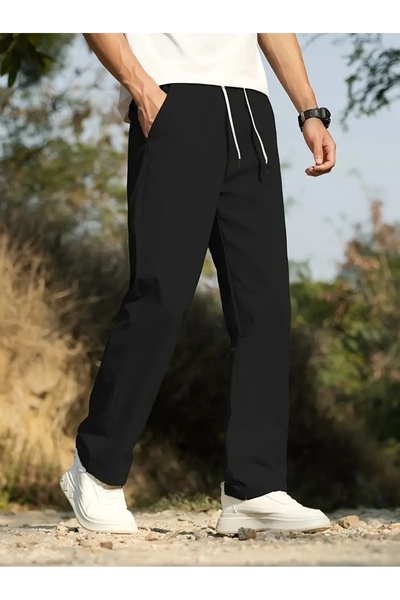 LASVES Men's Black Straight Leg Tracking Pants