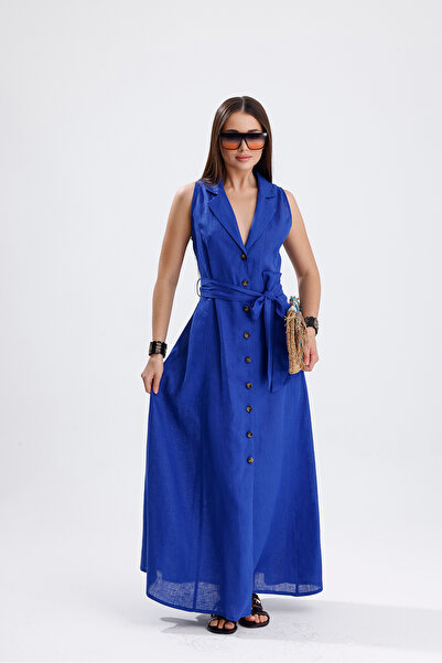 COLLECTİON Leona %100 Keten Önden Düğmeli Kemerli Uzun Elbise