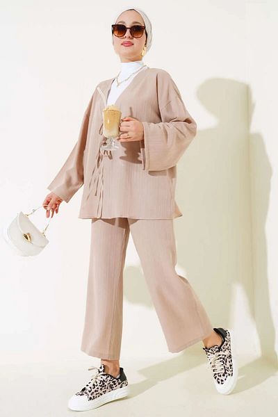 MODA HEVRA Women's Front Tied Kimono Double Set