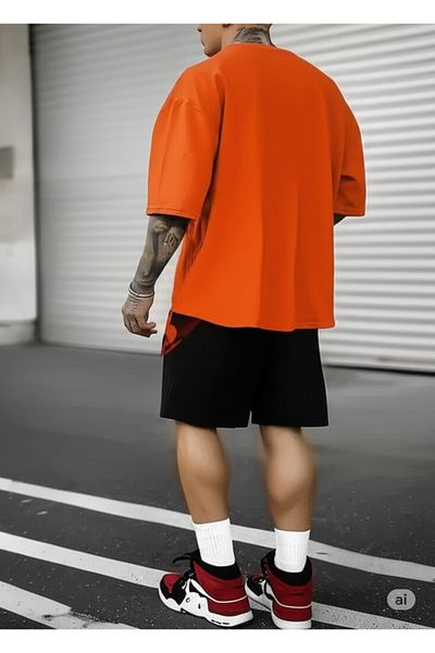 NO 601 Men's Orange Trust Printed Oversize Tshirt Black Short Set