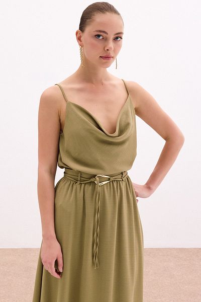 Sateen Flared Collar Draped Blouse - Khaki