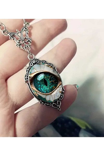 sarıyer silver Eye Model Charm Themed Glass Embroidered Retro Vintage Stylish Style Eye Steel Necklace