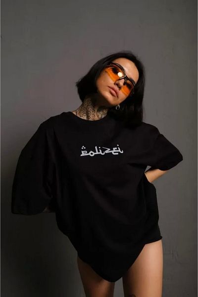 Wheat Butik Imprimat Oversize Thirt - Crew Gât, negru