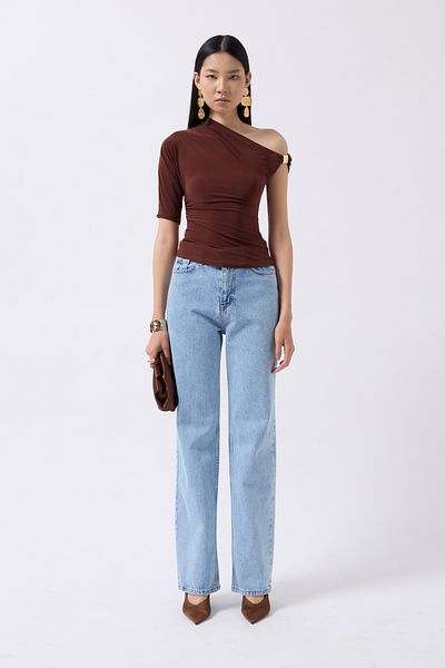 Black Fashion Accessory Detail Cutout Brown Blouse