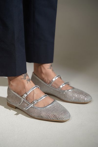 lovitto Women's Tape Buckle Detailed Leather Mesh Silver Ballerinas