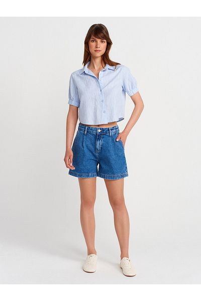 Dilvin 72000 Side Pocket Pleated Denim Shorts-Navy Blue