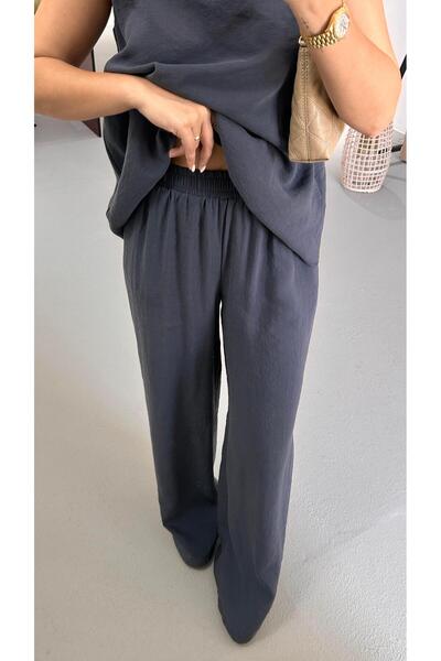 Sezgi Tekin V Yaka Bluz Bol Pantolon Antrasit Modal Takım