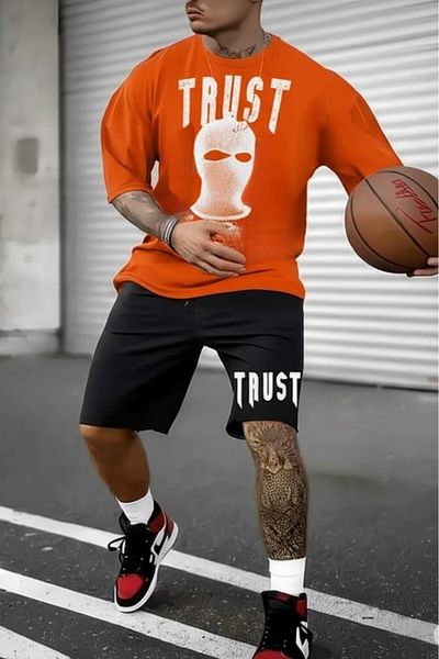 NO 601 Men's Orange Trust Printed Oversize Tshirt Black Short Set