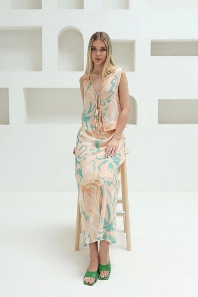 goopall Lace-Up Blouse Skirt Suit Powder