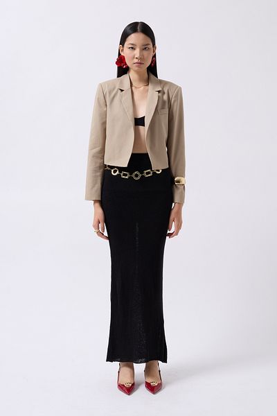 Black Fashion Crop Linen Blazer Μπεζ μπουφάν