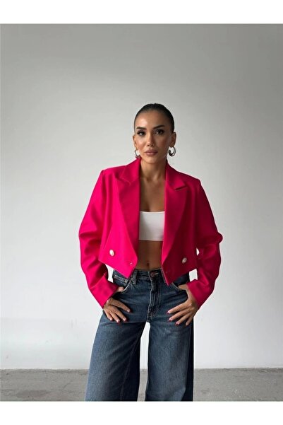 Genel Markalar ARKASI İNCİ DÜĞME DETAYLI CROP CEKET - Fuşya